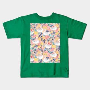 Whimsical White Swans with Lots of Leaves on Peach Pink Kids T-Shirt